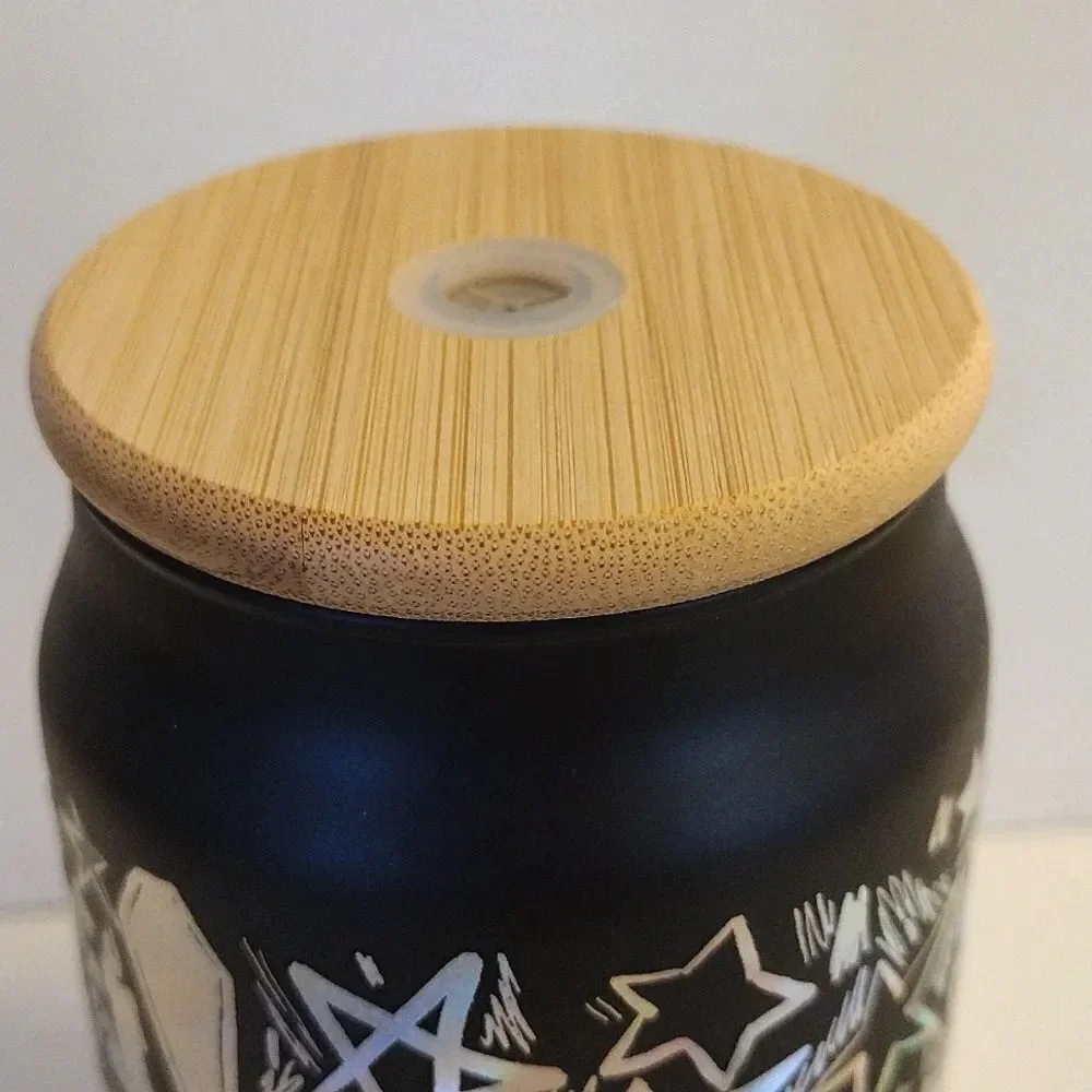 Halloween Black Iridescent‎ Skulls Printed Glass Coffee Cup with Straw NWT